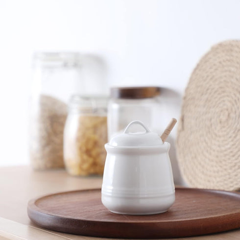 HAOTOP Ceramic Honey Pot with Lid and Dipper, 12oz Porcelain Honey Jar, Easy to Clean, Dishwasher Safe (White)