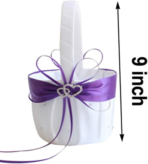 2PCS Purple Flower Girl Basket - Double Heart Rhinestone Elegant for Wedding Ceremony Party Favor