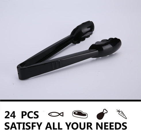 24 Pieces Black Plastic Salad Tongs, 9 Inch Heavy Duty Scalloped Kitchen Serving Utensils Set for BBQ and Buffets