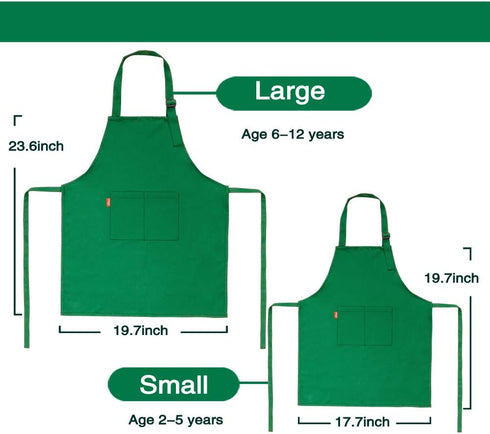 Kids Apron and Chef Hat Set, Adjustable Bib Apron with 2 Pockets, Cute Boys Girls Kitchen Apron (2-5 Year, Green)
