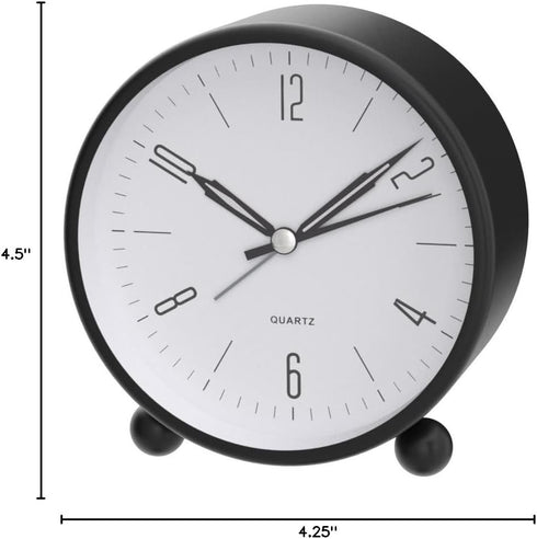 Analog Alarm Clock - 4 inch Super Silent Non Ticking Small Clock with Night Light, Battery Operated, Black Decor