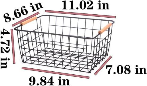 LeleCAT Set of 4 Wire Baskets with Wooden Handles, Wire Storage Organizer Baskets for Household Refrigerator, Cabinets,
