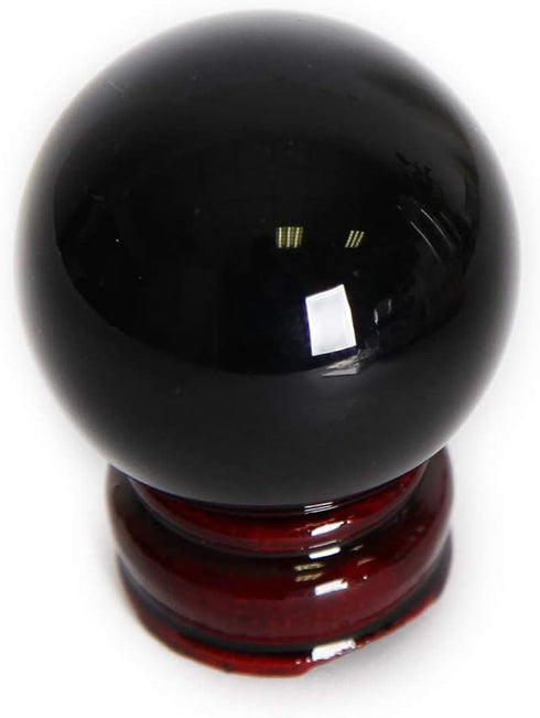JIC Gem Small Black Obsidian Sphere Ball with Wooden Stand for Fengshui Healing Crystal Decoration (2.2", 55mm)