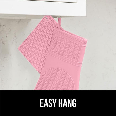 Gorilla Grip Heat and Slip Resistant 4 Piece Silicone Oven Mitt and Trivets Set, Waterproof, Cotton Lined, Pink