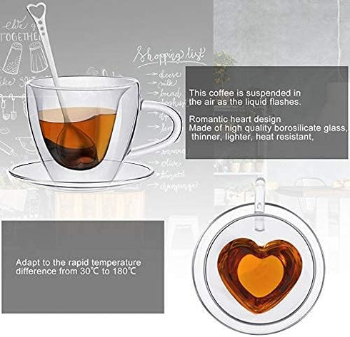 Patelai Heart Shaped Double Walled Glass Insulated Coffee Mug, 180 Ml, 6 oz Cappuccino Cup with Saucer & Spoons