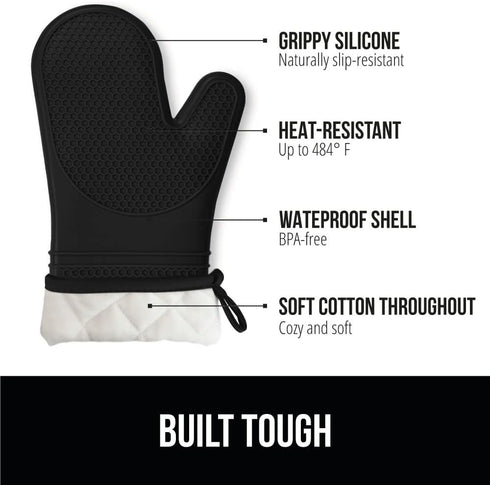 GORILLA GRIP BPA-Free Soft Silicone Oven Mitts, 14.5x8.3, Heat Resistant Cooking Gloves, Set of 2, Black