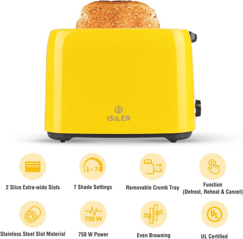 iSiLER 2 Slice Toaster, 1.3 Inches Wide Slot Bagel Toaster with 7 Shade Settings and Double Side Baking, Compact Bread Toaster with Removable Crumb Tray, Defrost Cancel Function Yellow by ISILER