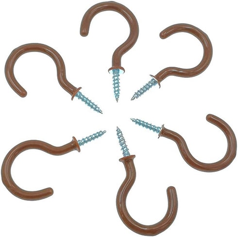 Cup Ceiling Hooks, Medium Size Vinyl Coated Screw-in Open Hooks, 50pcs, 1.25 inches, Brown