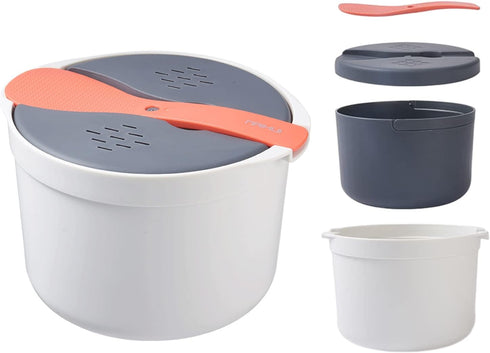 Microwave Rice Cooker 2L, Non-stick Food Grade PP Steamer with Strainer, Full Set with Lid & Spatula for Meal Noodle