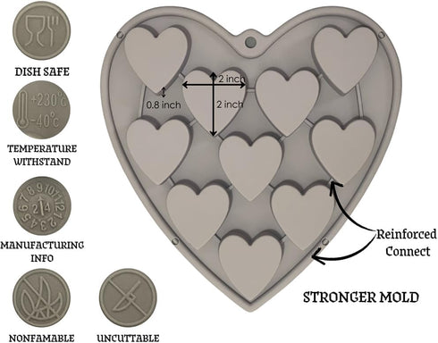 Heart Shaped Cake Pans - Heart Silicone Mold for Baking, Large 2 Inches, 10 Cavities for Ice Cube, Chocolate