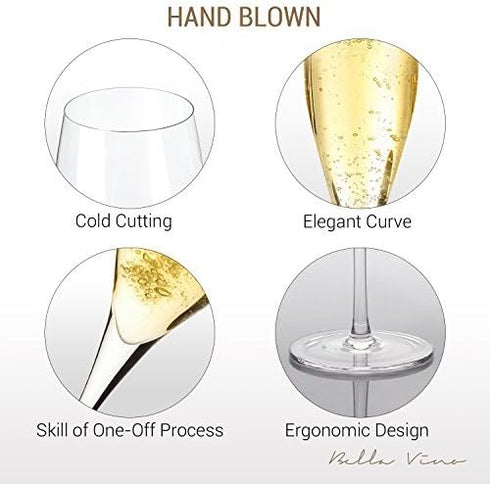 Bella Vino Hand Blown Crystal Champagne Flutes - Set of 2, 10.5", Clear, 7 oz, Premium Crystal Glasses, Great Gift