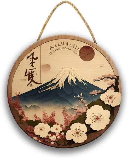 Japanese Style Landscape Painting Wall Art, Red Cherry Blossom Circle Decor, Mountain River Sign for Bedroom Living