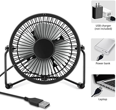 xasla 4 Inch Mini USB Desk Fan (Black), Quiet Fan with Metal Construction, Strong Airflow, 360° Adjustable Tilt Angle