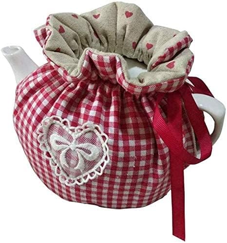 Vintage Floral Tea Cozy - Cotton Insulated Decorative Tea Kettle Cover, Red Grid with Lace Bow for Breakfast Insulation