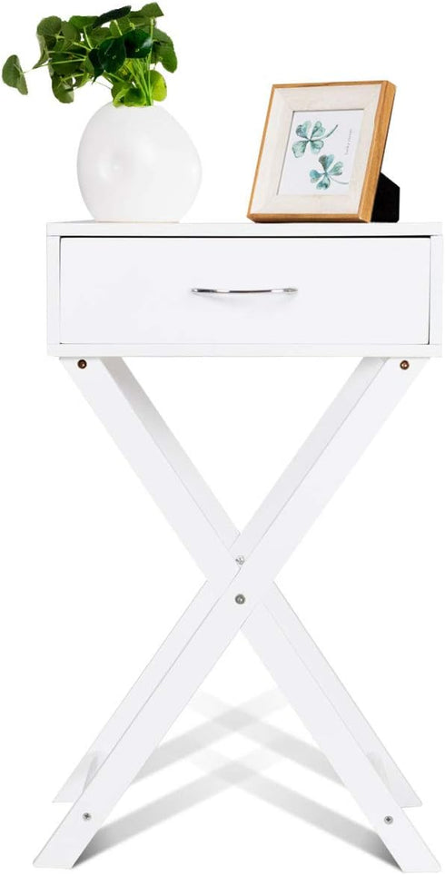 Table(1,White) Giantex Nightstand with Drawer X-Shaped Design Sofa Side Table for Living Room Bedroom Accent Furniture