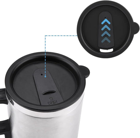 Electric Heating Cup, Stainless Steel Travel Coffee Tea Warmer Mug, 12V Auto Charger, Insulated Thermos, 450ml