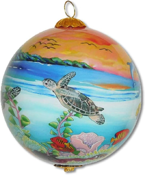 Collectible Hawaiian Glass Ornament, Hand Painted Sea Turtles in the Sunset with Gift Box