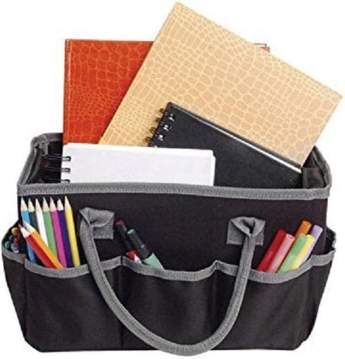 Craft Storage Tote Bag, Desktop Organizer with Handles and 5 Pockets, Teacher Helper, Arts, Books, Stationery (Black)