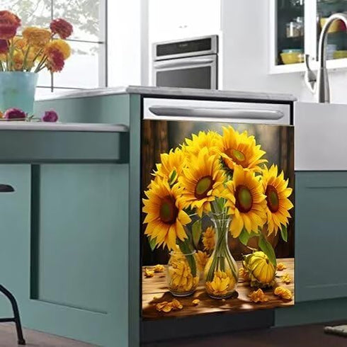 Modern Sunflower Dishwasher Magnet Cover, Appliance Sticker Blooming Sunflower Front Cover, 23" x 26"