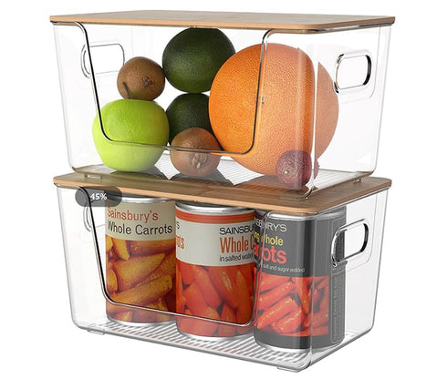 Toowood 2 Pack, Trash Bag Holders with Bamboo Lids Garbage Bag Dispenser with Lid, Open Front Stackable Storage Bins