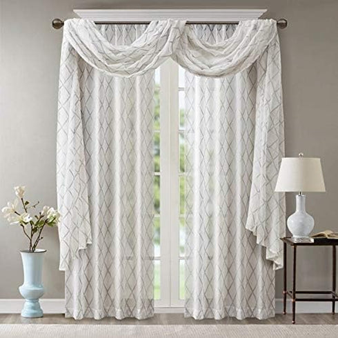 Madison Park Irina Embroidered Kitchen - Transitional Fabric Sheers Single Curtain Scarf for Living Room