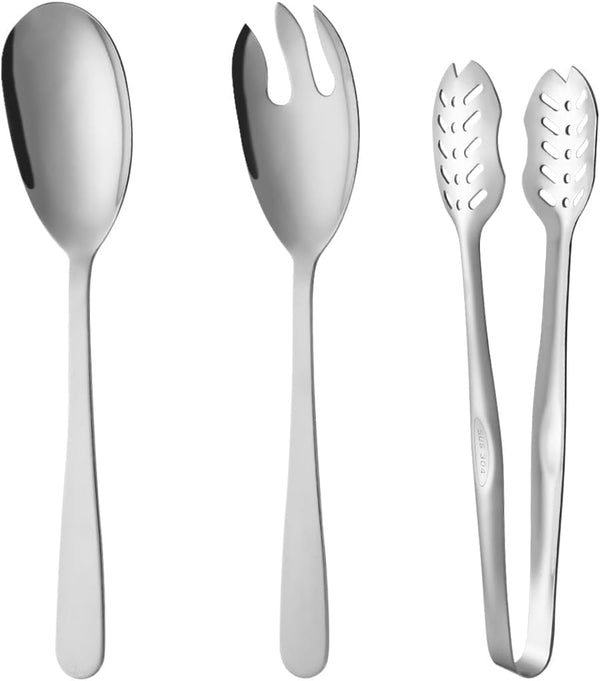Salad Spoon and Fork Stainless Steel Tong Serving Set - Heavy Duty Metal Serving Utensils for Parties