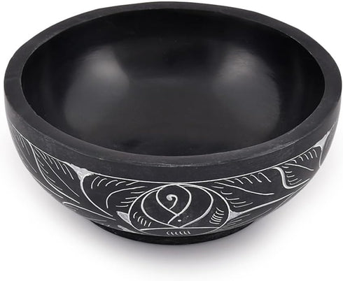 Kaizen Casa Hand Carved Natural Stone Bowl, Smudge Pot, White Leaf Carved Design, 5” x 2” – Black, Jewelry Dish,