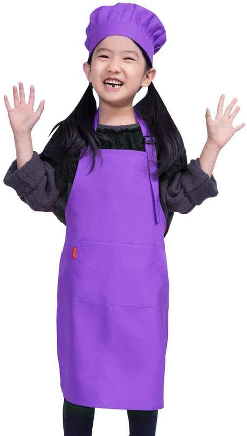 Kids Adjustable Apron and Chef Hat Set, Cute Kitchen Apron for Cooking, Baking, and Painting (6-12 Year, Purple)