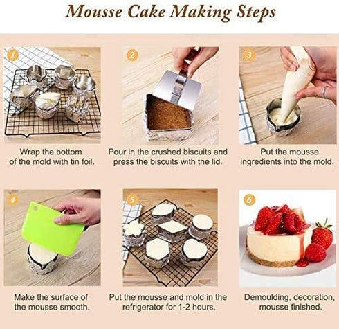 Round Cake Rings Set of 8, Stainless Steel Mousse and Pastry Mini Baking Mold with Food Presses