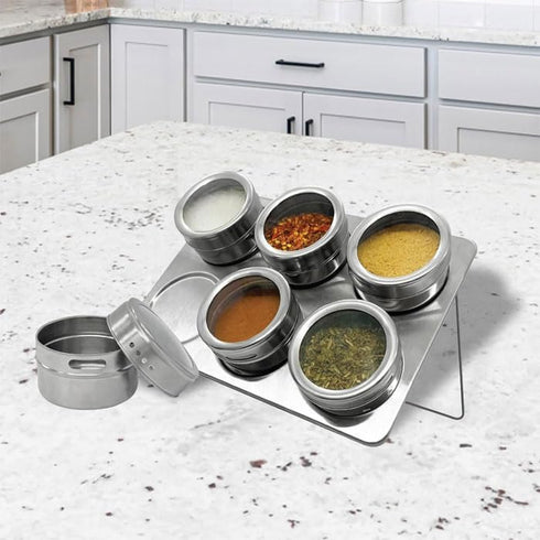 TEEM 6-Piece 75ml (2.5 oz) Countertops Stainless Steel Magnetic Spice and Condiment Organizer Kit Seasoning Jars