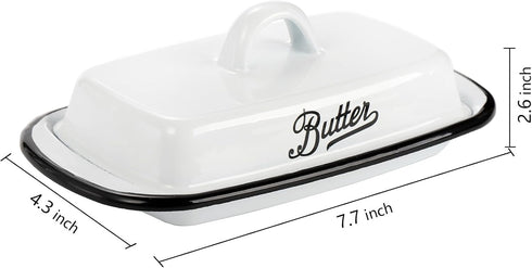 Suwimut Enamelware Butter Dish with Lid, Farmhouse White Butter Dish Vintage Style Black Rim Enamel Butter Container with Cover, Metal Butter Keeper Storage for countertop