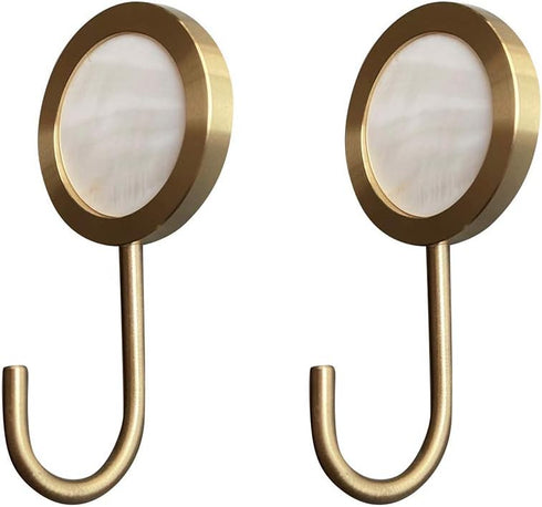 Solid Brass Decorative Wall Hook, Self-Adhesive Hole Free Mount, Shining Gold Fancy Hook (Seashell White, Pack of 2)