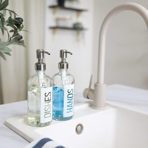 JASAI 2Pack Glass Soap Dispenser, 18OZ, White, Rustproof 304 Stainless Steel Pump, Kitchen Soap Dispenser with Labels
