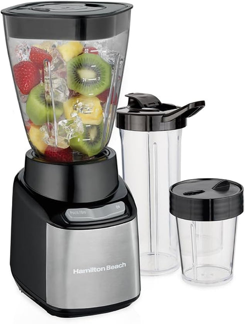 Hamilton Beach Stay or Go Blender, 32oz Shatterproof Jar, 8oz Grinder, 2 Portable Travel Cups, 650 Watts, Black and