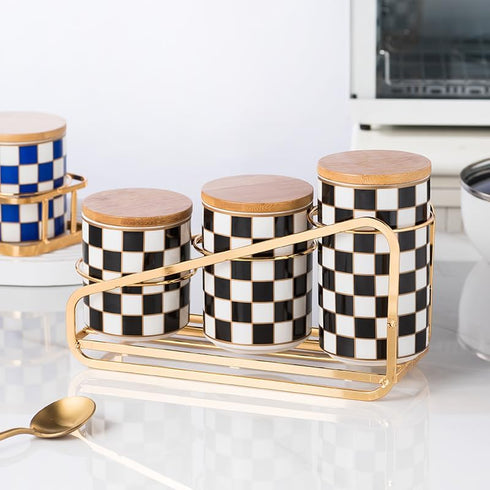 Countertop Set, 3Pcs Countertop Kitchen Ceramic Checkered Canisters Grid Pattern Kitchen Jars with Layered Shelves
