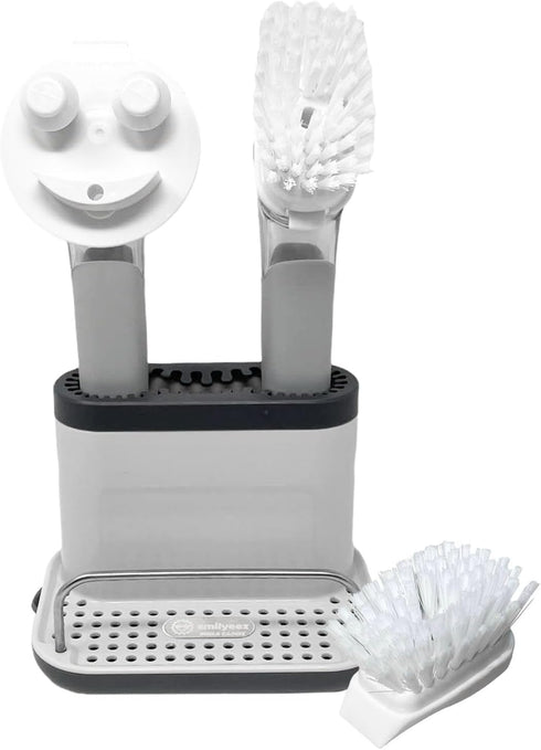 Smilyeez Caddy Combo, Sink Caddy with Smiling Dishwand & 2 Scrub Brushes (White & Grey)