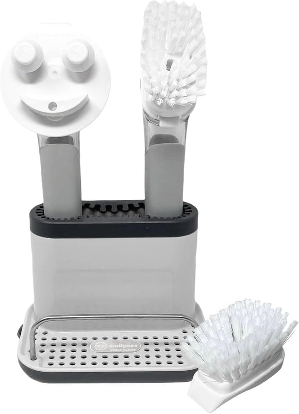 Smilyeez Caddy Combo, Sink Caddy with Smiling Dishwand & 2 Scrub Brushes (White & Grey)