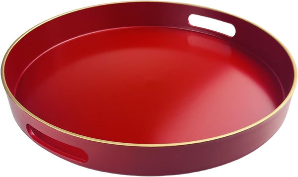 Red Decorative Tray, Serving Tray with Handles, Round Decorative Tray for Coffee