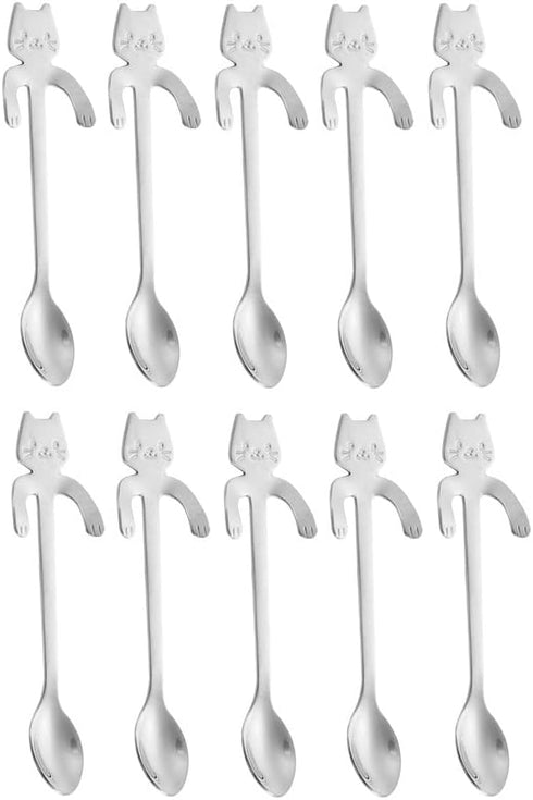 10PCS Stainless Steel Cute Mini Cat Spoons, 4.5 Inch for Tea, Coffee, Dessert, Ice Cream