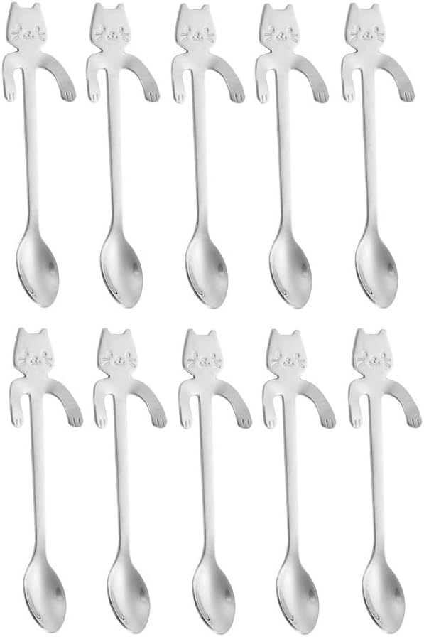 10PCS Stainless Steel Cute Mini Cat Spoons, 4.5 Inch for Tea, Coffee, Dessert, Ice Cream
