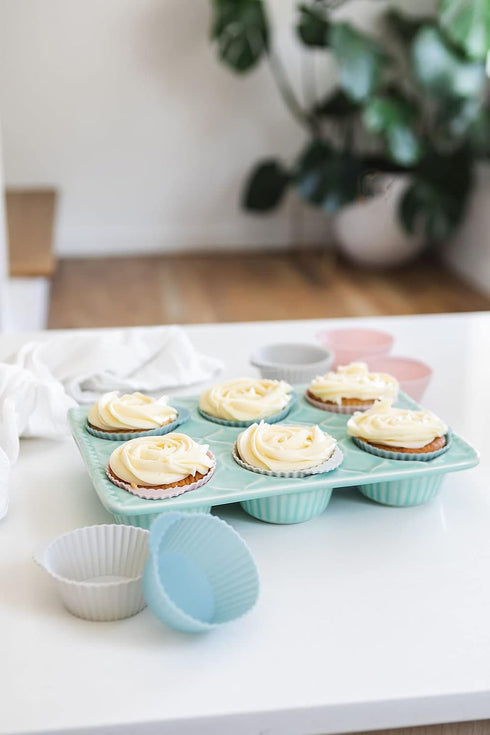 The Silicone Kitchen Reusable Silicone Baking Cup, Muffin Liners for Cupcakes, BPA Free, 24 Pack, Pink Gray Blue