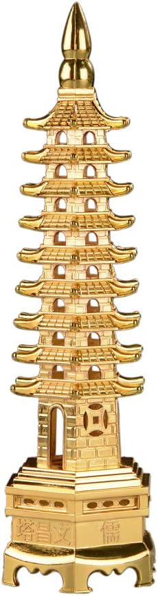 BRABUD 7'' Alloy Fengshui 9 Level Pagoda Wenchang Tower Statue, Protection Business Rises Desk Decor, Golden Color