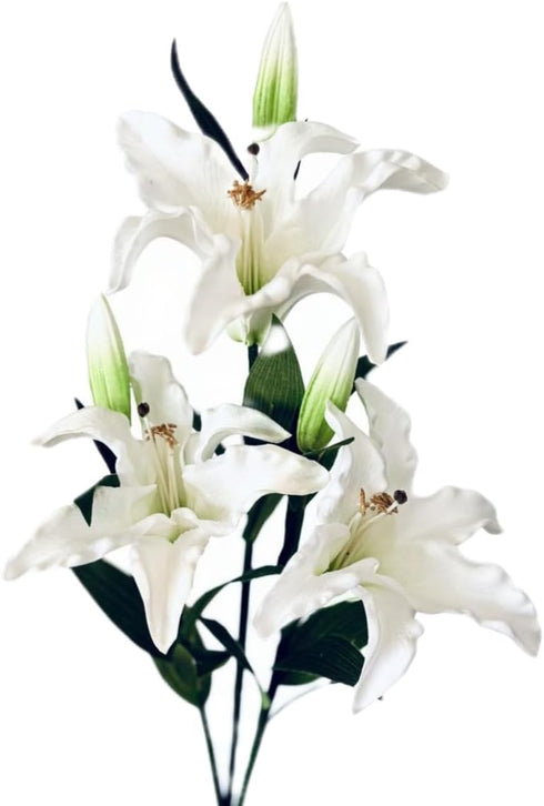 3 Pack 30" Extra Long Green & White Artificial Tiger Lily Flowers, Real Touch Latex Petals for Home Decor and Wedding