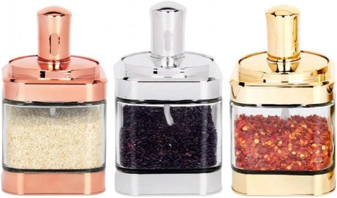 Glass Condiment Spice Jars, 2PC Container with Lids and Spoons, Sugar Bowls Seasoning Box Set, Best Spice jar for Your Home, Kitchen, Counter (Gold(11oz/320 ml))