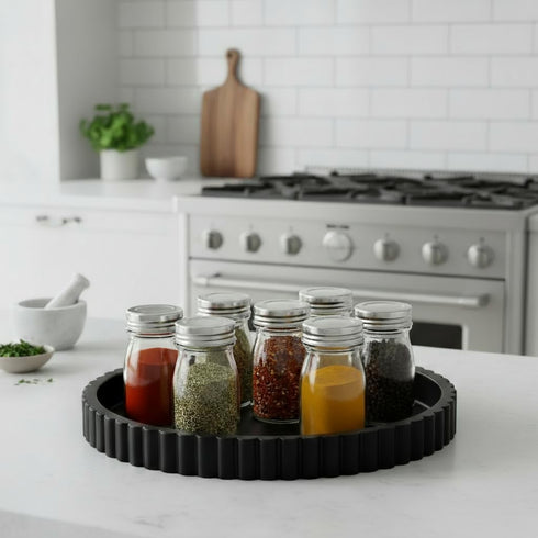 Concrete Decorative Tray for Coffee Table Tray Decor - Charcoal Black Round Decorative Tray - Circle Fluted Centerpiece
