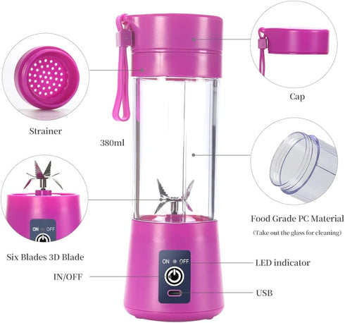 Portable Blender Cup,Electric USB Juicer Blender,Mini Blender Portable Blender For Shakes and Smoothies, juice,380ml, Six Blades Great for Mixing,purple by DoubleCare