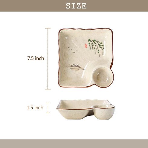 Ceramic Dumpling Plate with Dipping Saucer, Sushi Dish, Serving Plate Chips and Snack Plate, 7.5 Inch - Set of 2 by FYUEROPA