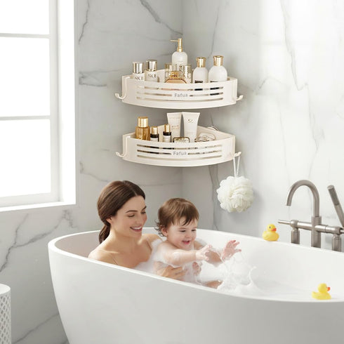 2Pack Corner Shower Caddy Suction Cup, No-Drilling Hanging Suction Shower Shelves with Hooks, Waterproof & Rustproof