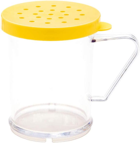 Restaurantware RW Base 10 Ounce Clear Plastic Dredge Spice Shaker 1 Reusable Dry Rub Shaker - Includes Yellow Perforated Lid With Handle Clear Polycarbonate Spice Shaker For Coarse Seasonings by Restaurantware