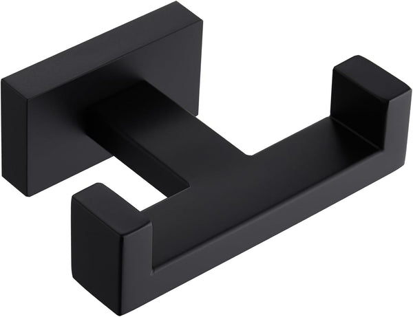 APLusee Double Robe Towel Hook, Stainless Steel Square Dual Coat Hook, Matte Black Utility Storage Hanger